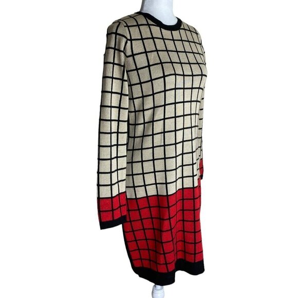 J Howard Windowpane Print Long Sleeve Sweater Dress Red Cream Black Women's Sz S - Picture 4 of 9